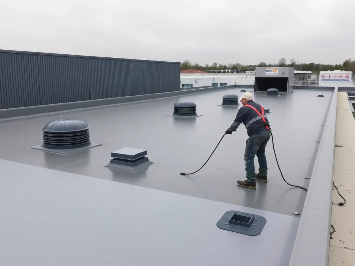 Specialist brengt polyurea coating aan op een plat dak